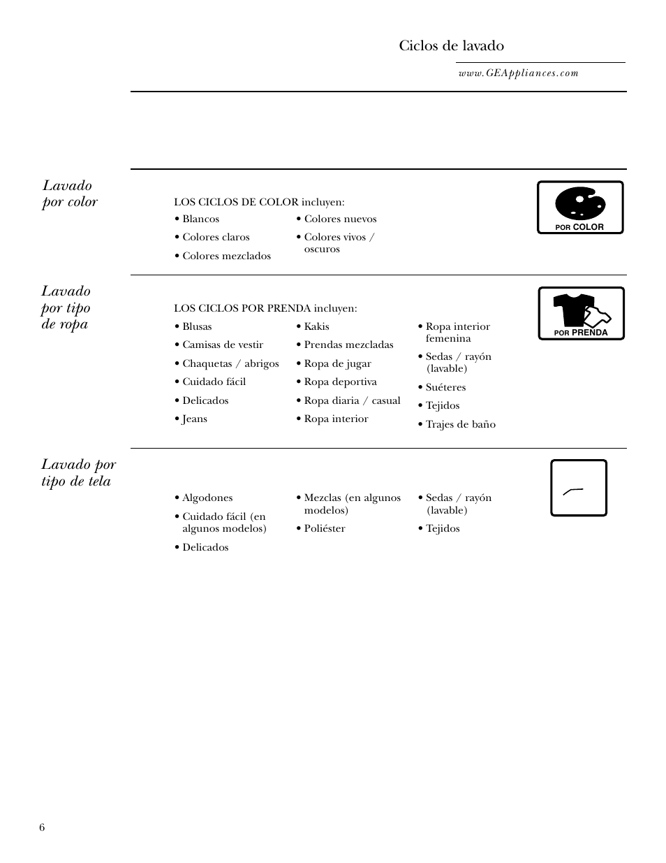Ciclos de lavado, Lavado por color, Lavado por tipo de ropa | Lavado por tipo de tela | GE WPGT9350 User Manual | Page 40 / 68