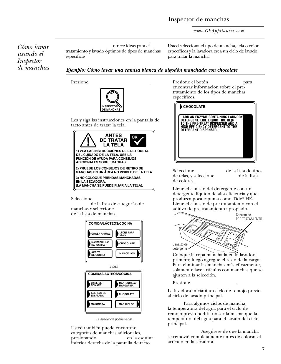 Inspector de manchas, Inspector de manchas , 8, Cómo lavar usando el inspector de manchas | GE WPGT9350 User Manual | Page 41 / 68