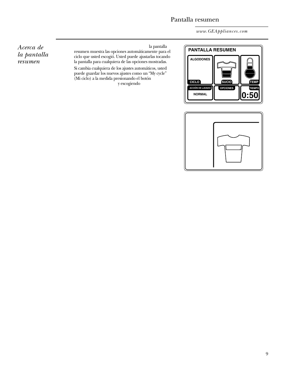 Pantalla resumen, Pantalla resumen , 10, Acerca de la pantalla resumen | GE WPGT9350 User Manual | Page 43 / 68