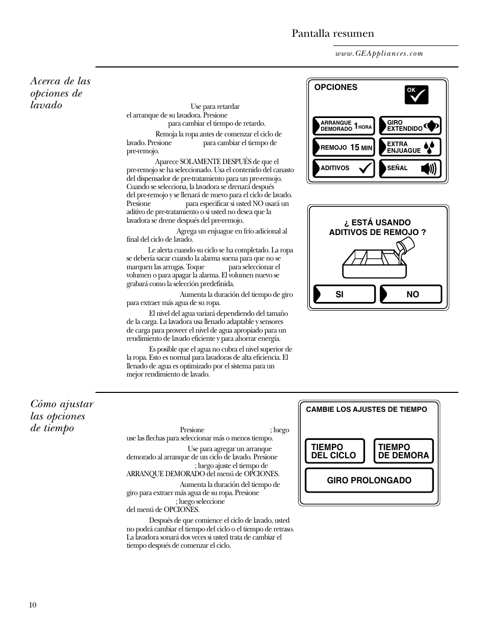 Pantalla resumen, Acerca de las opciones de lavado, Cómo ajustar las opciones de tiempo | GE WPGT9350 User Manual | Page 44 / 68