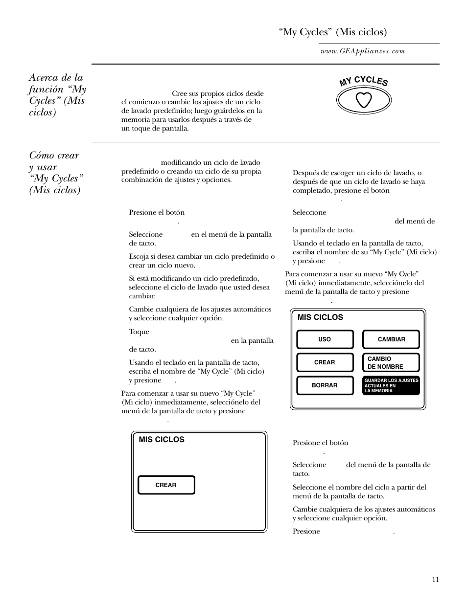 My cycles” (mis ciclos), My cycles” (mis ciclos) , 12, Acerca de la función “my cycles” (mis ciclos) | Cómo crear y usar “my cycles” (mis ciclos) | GE WPGT9350 User Manual | Page 45 / 68