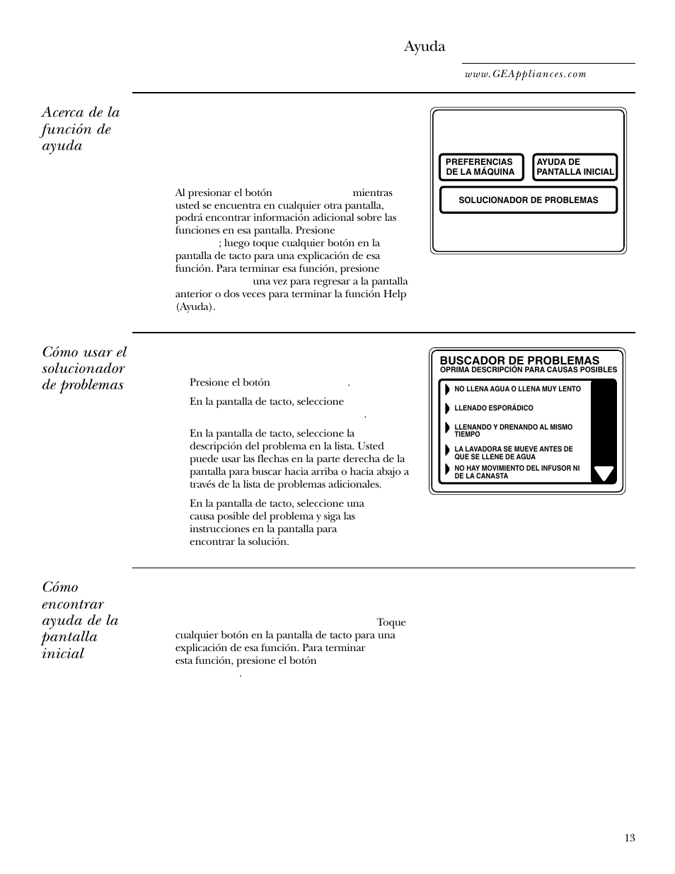 Ayuda, Solucionador de problemas, Ayuda , 14 | Acerca de la función de ayuda, Cómo usar el solucionador de problemas, Cómo encontrar ayuda de la pantalla inicial | GE WPGT9350 User Manual | Page 47 / 68