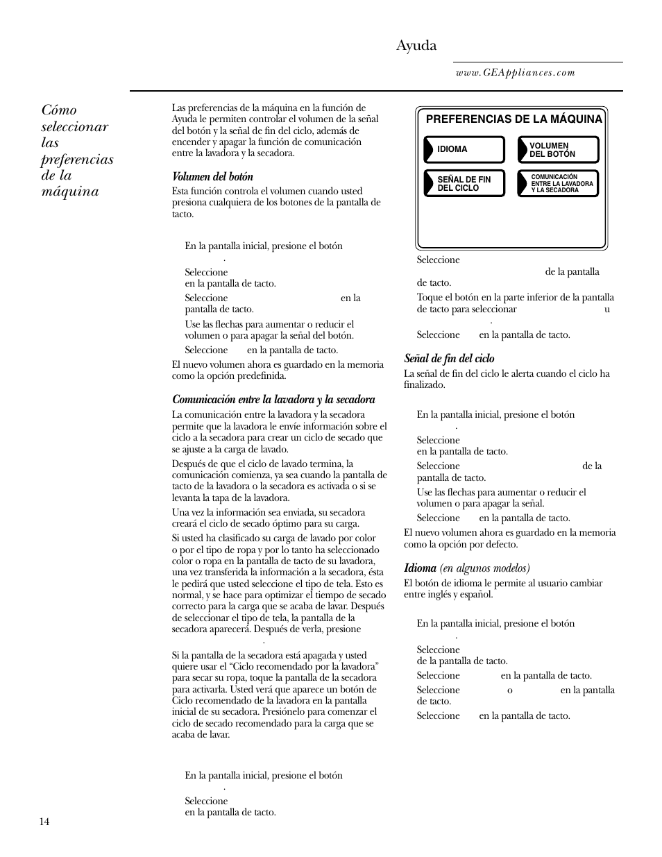 Ayuda, Cómo seleccionar las preferencias de la máquina | GE WPGT9350 User Manual | Page 48 / 68