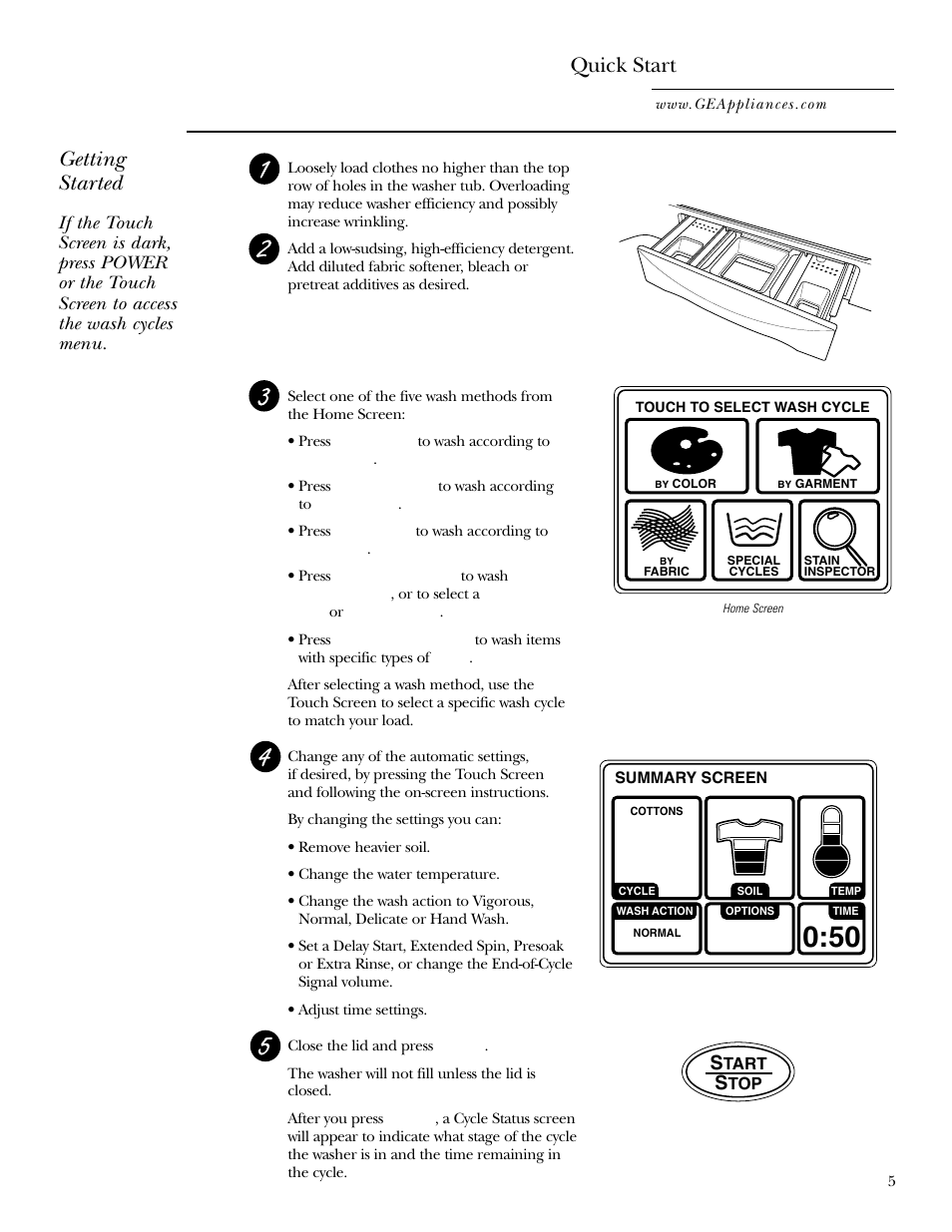 Quick start feature, Quick start, Getting started | GE WPGT9350 User Manual | Page 5 / 68