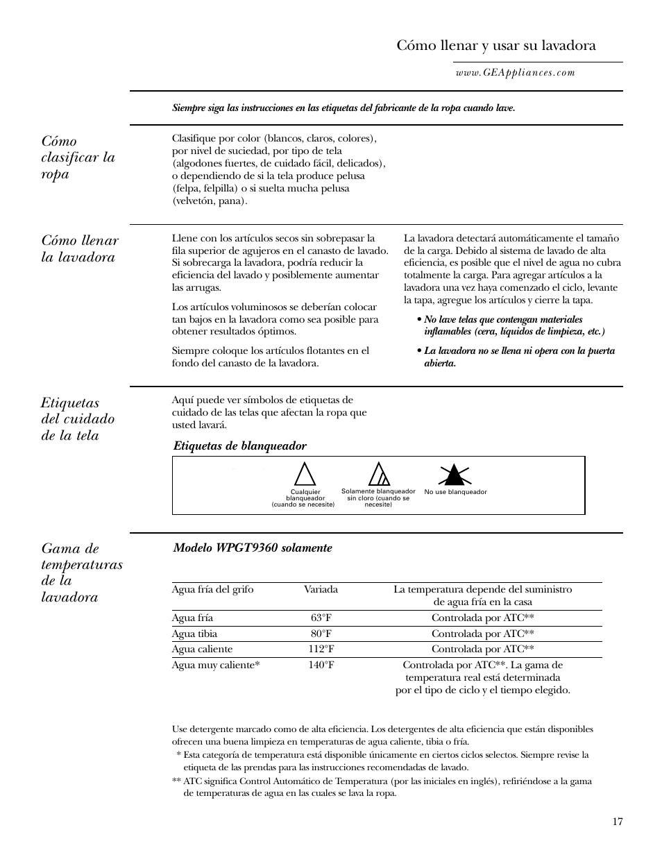 Cómo llenar y usar su lavadora, Cómo llenar y usar su lavadora , 18, Cómo clasificar la ropa | Cómo llenar la lavadora, Etiquetas del cuidado de la tela, Gama de temperaturas de la lavadora, Bleach symbols, Etiquetas de blanqueador, Modelo wpgt9360 solamente | GE WPGT9350 User Manual | Page 51 / 68