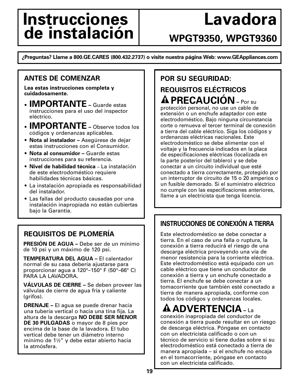 Antes de comenzar, Antes de comenzar –21, Instrucciones lavadora de instalación | Precaución, Advertencia, Importante | GE WPGT9350 User Manual | Page 53 / 68