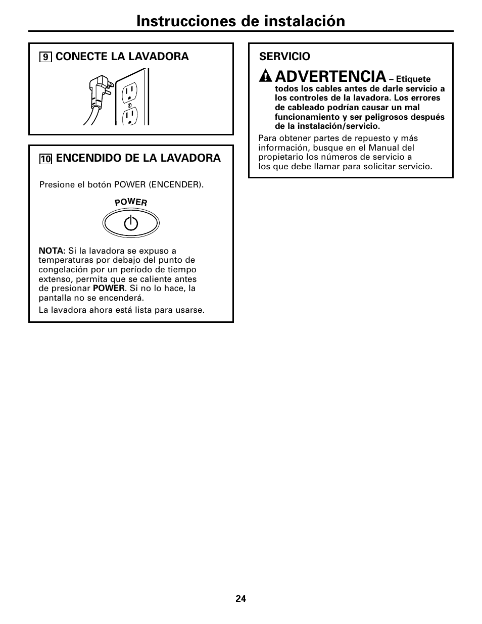 Instrucciones de instalación, Advertencia | GE WPGT9350 User Manual | Page 58 / 68