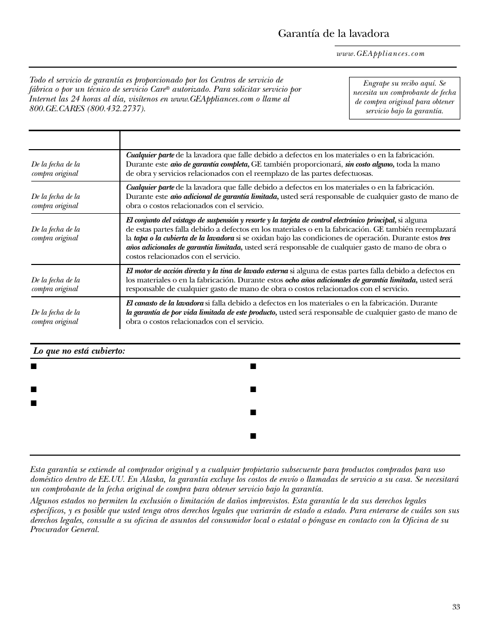 Garantía, Garantía de la lavadora | GE WPGT9350 User Manual | Page 67 / 68