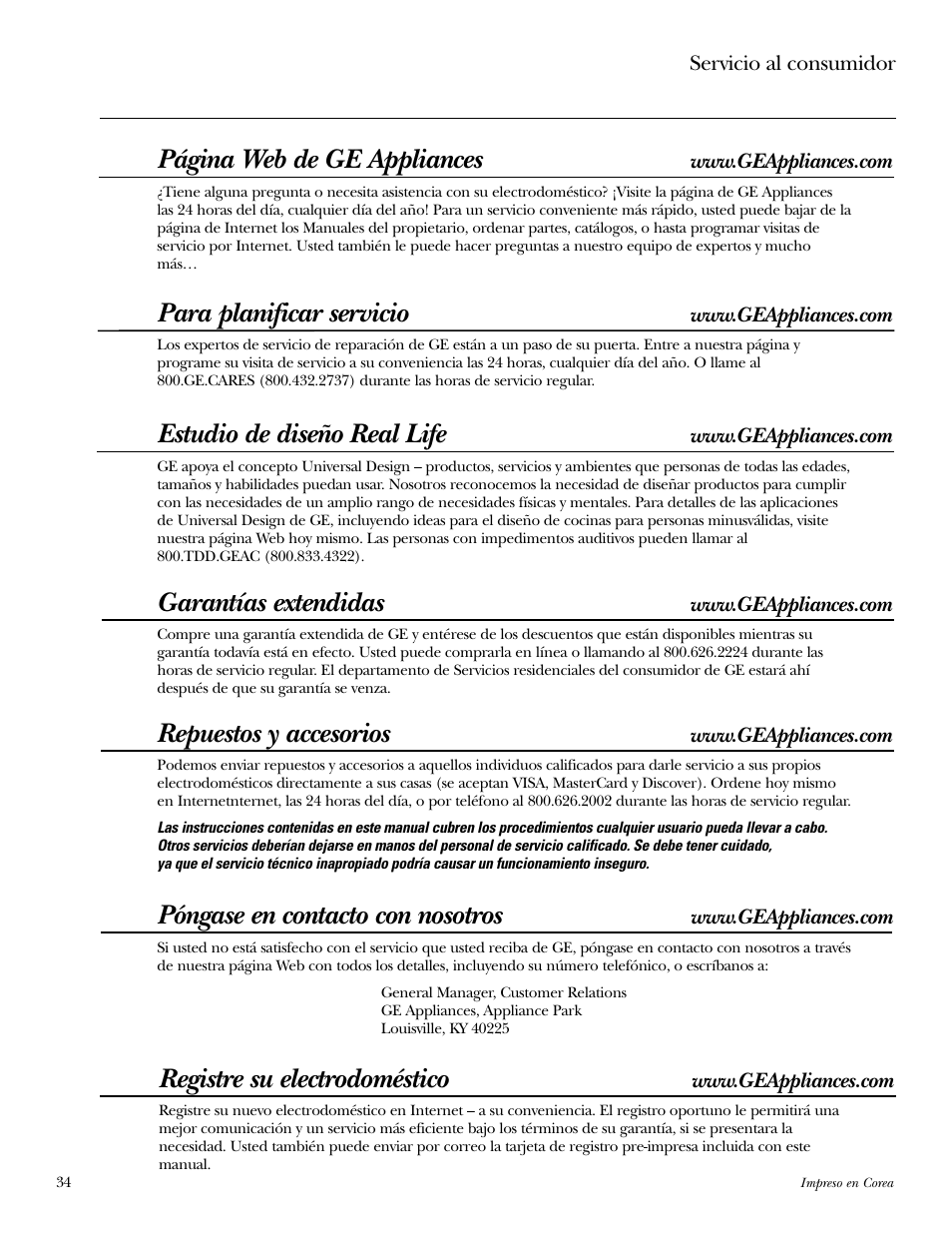 Servicio al consumidor, Página web de ge appliances, Para planificar servicio | Estudio de diseño real life, Garantías extendidas, Repuestos y accesorios, Póngase en contacto con nosotros, Registre su electrodoméstico | GE WPGT9350 User Manual | Page 68 / 68