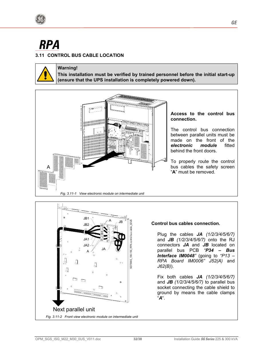 Next parallel unit, 11 control bus cable location | GE 225 User Manual | Page 32 / 38