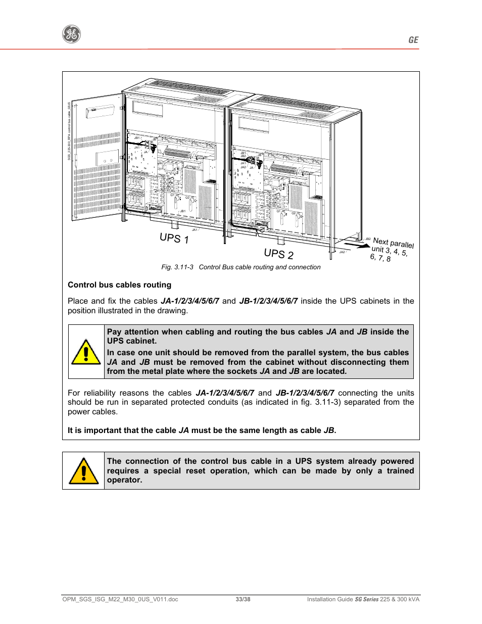 Ups 1 ups 2, Control bus cables routing | GE 225 User Manual | Page 33 / 38