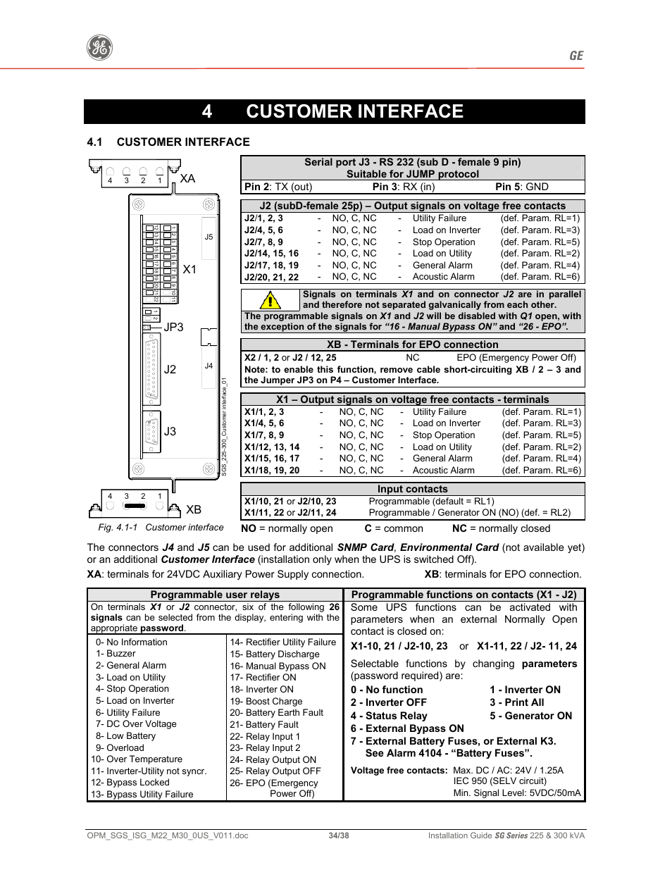 4 customer interface, 1 customer interface, X1 j2 j3 | Jp3 xb | GE 225 User Manual | Page 34 / 38