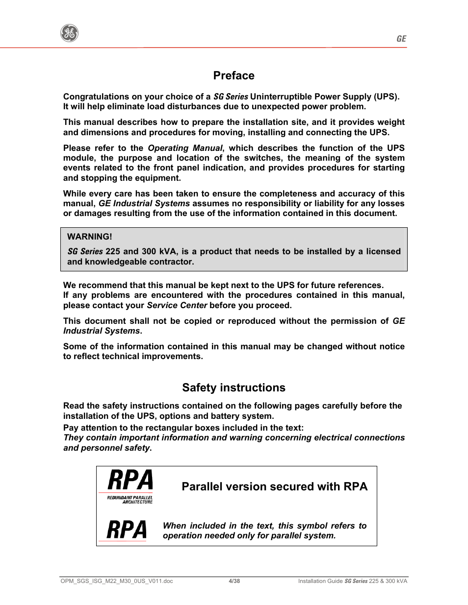 Preface, Safety instructions, Parallel version secured with rpa | GE 225 User Manual | Page 4 / 38