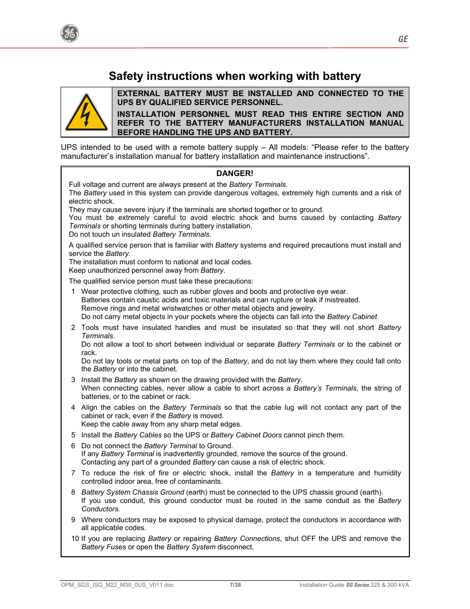 Safety instructions when working with battery | GE 225 User Manual | Page 7 / 38