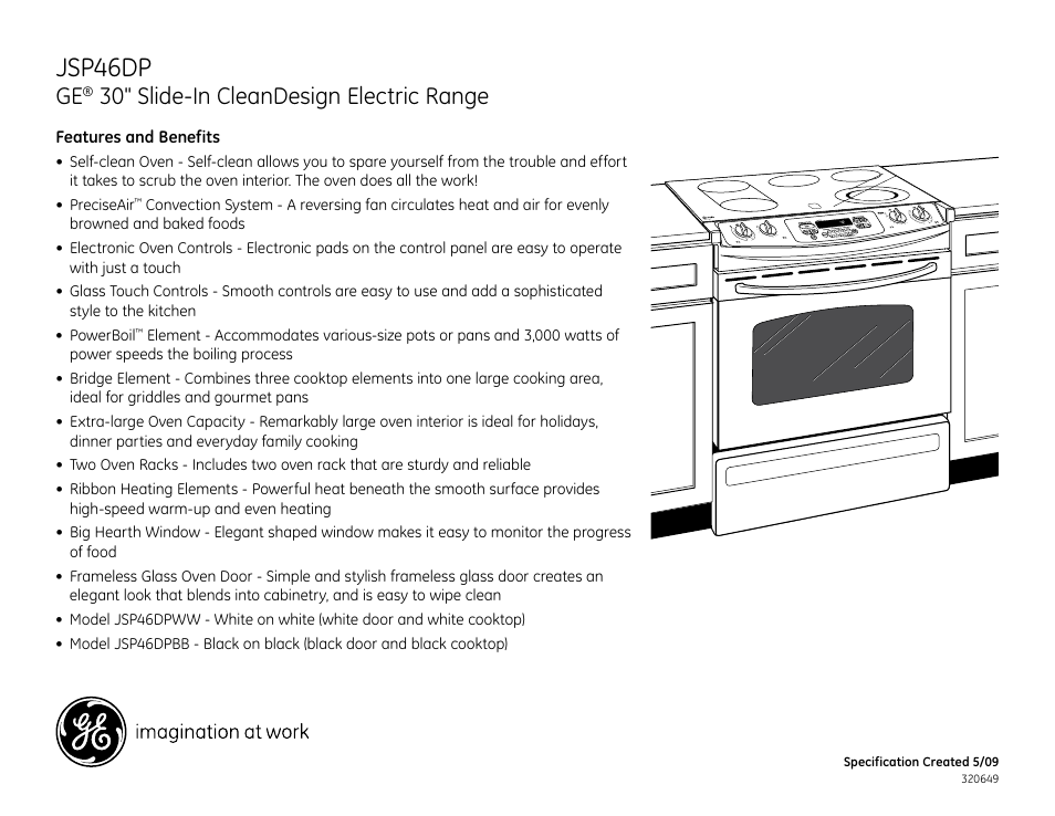 Jsp46dp, Jsp46dnwwbb, 30" slide-in cleandesign electric range | GE Profile JSP46DPBB User Manual | Page 2 / 2