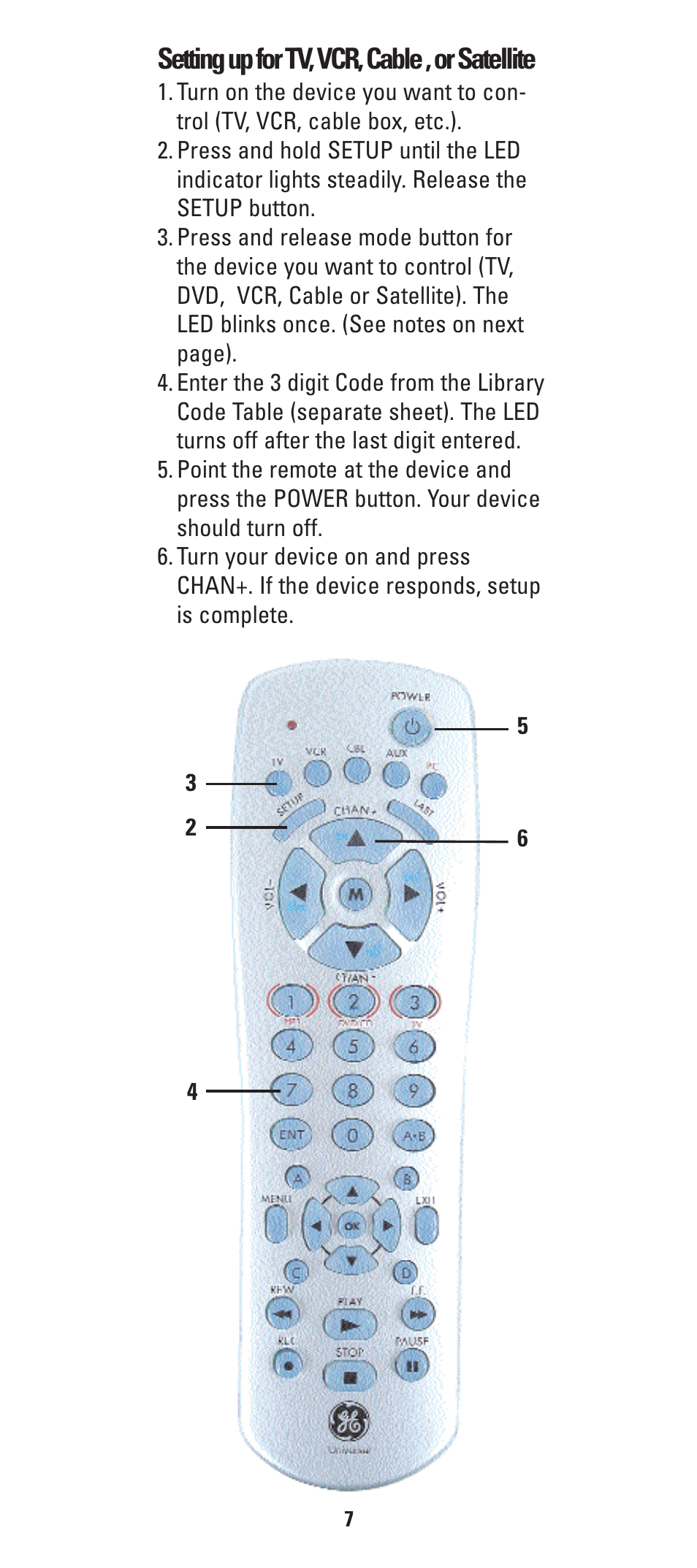 Setting up for tv, vcr, cable , or satellite | GE HO97685 User Manual | Page 10 / 28