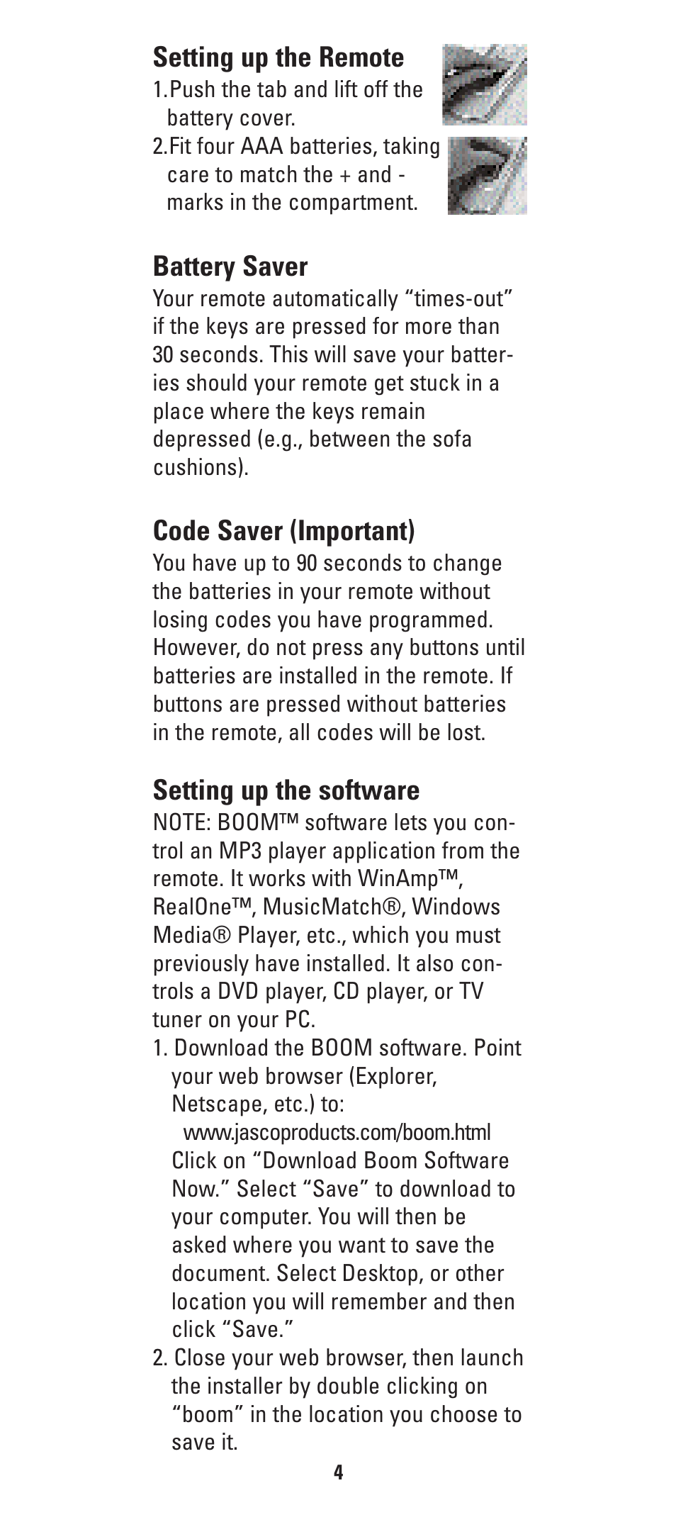 Setting up the remote, Battery saver, Code saver (important) | Setting up the software | GE HO97685 User Manual | Page 7 / 28