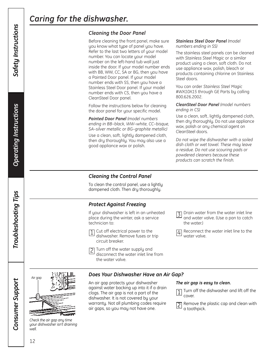 Care and cleaning, Caring for the dishwasher | GE EDW5000 User Manual | Page 12 / 16