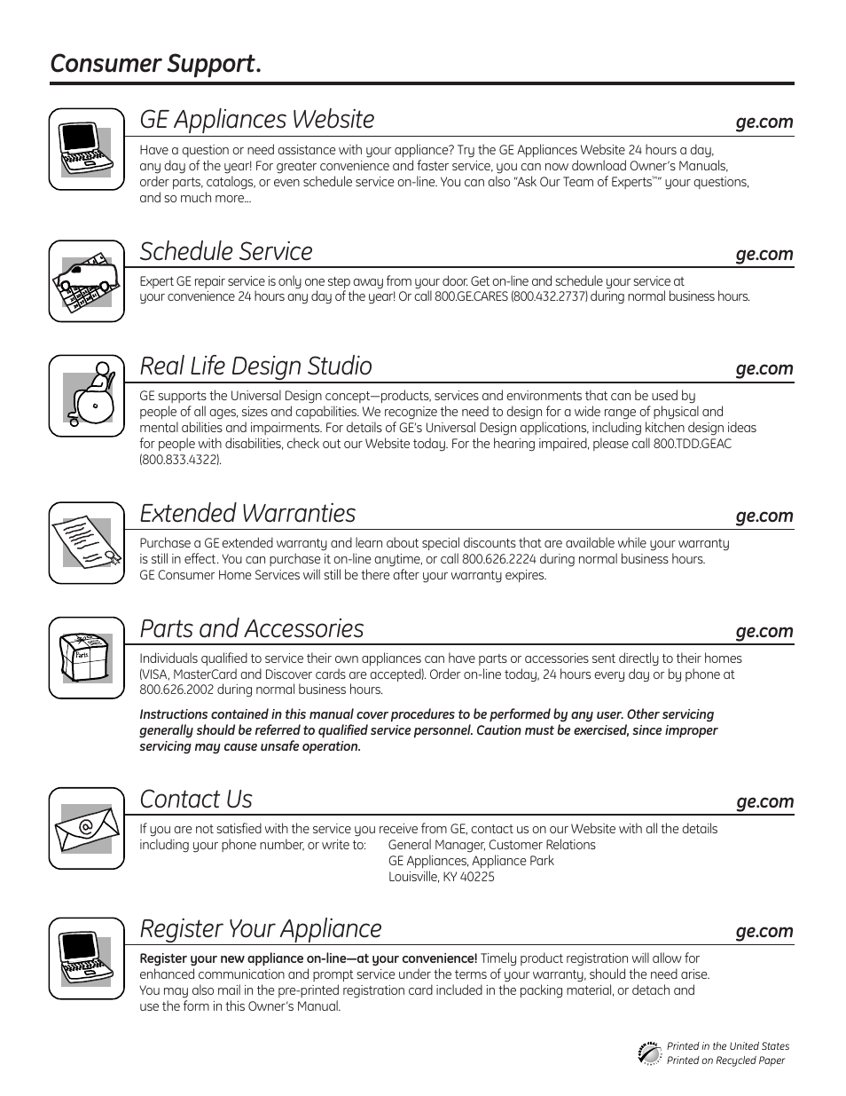 Consumer support, Consumer support . . . . .back cover, Consumer support. ge appliances website | Schedule service, Real life design studio, Extended warranties, Parts and accessories, Contact us, Register your appliance | GE EDW5000 User Manual | Page 16 / 16