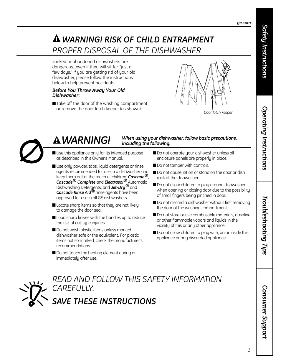 Warning, Proper disposal of the dishwasher, Warning! risk of child entrapment | GE EDW5000 User Manual | Page 3 / 16