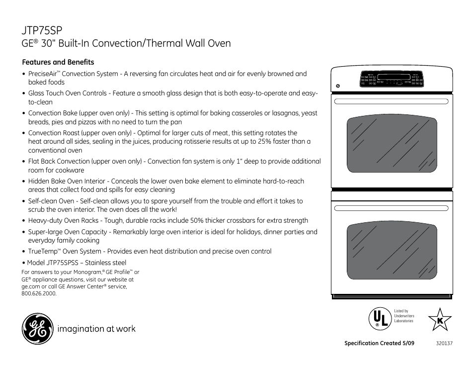 Jtp75sp, 30" built-in convection/thermal wall oven, Features and benefits | GE JTP75SP User Manual | Page 2 / 2