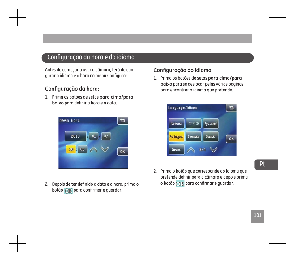 Configuração da hora e do idioma | GE E1486TW User Manual | Page 103 / 124