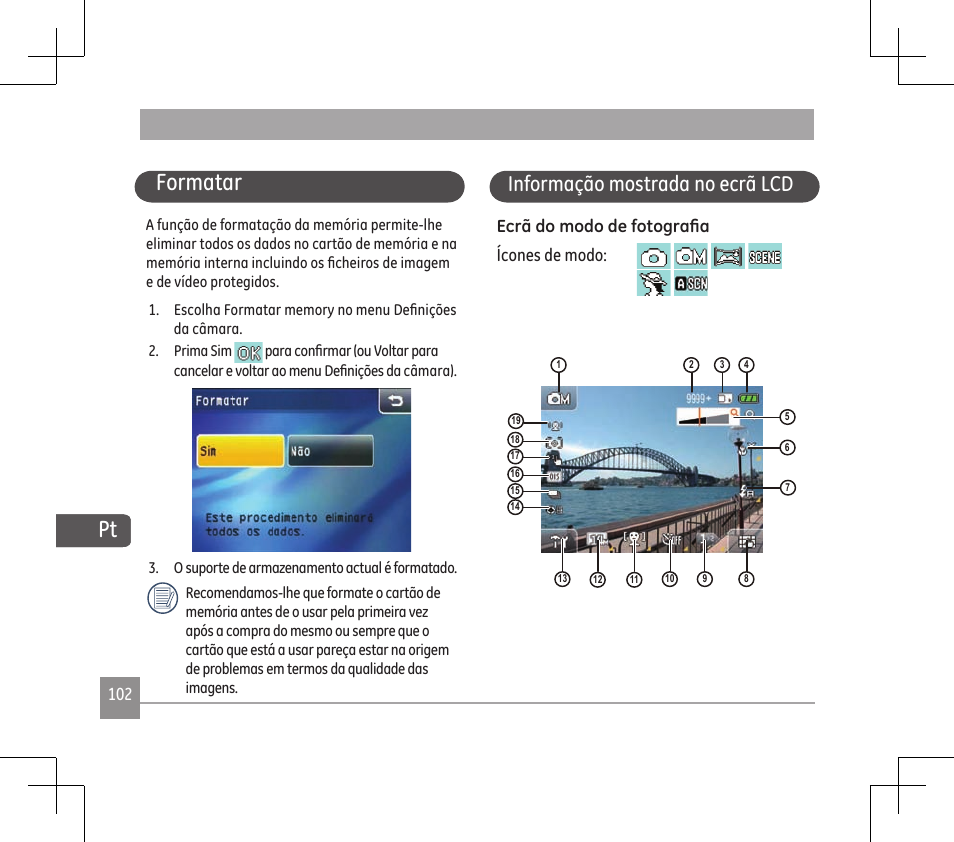 Formatar, Informação mostrada no ecrã lcd | GE E1486TW User Manual | Page 104 / 124