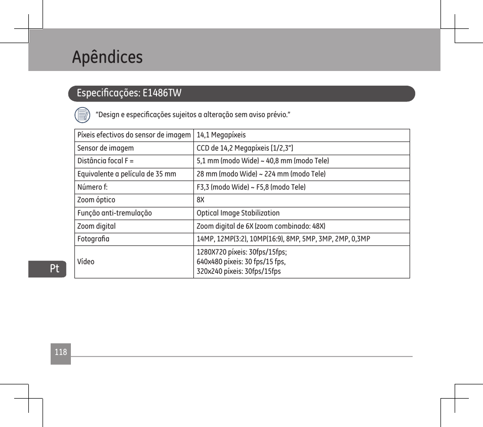 Apêndices, Especificações: e1486tw | GE E1486TW User Manual | Page 120 / 124