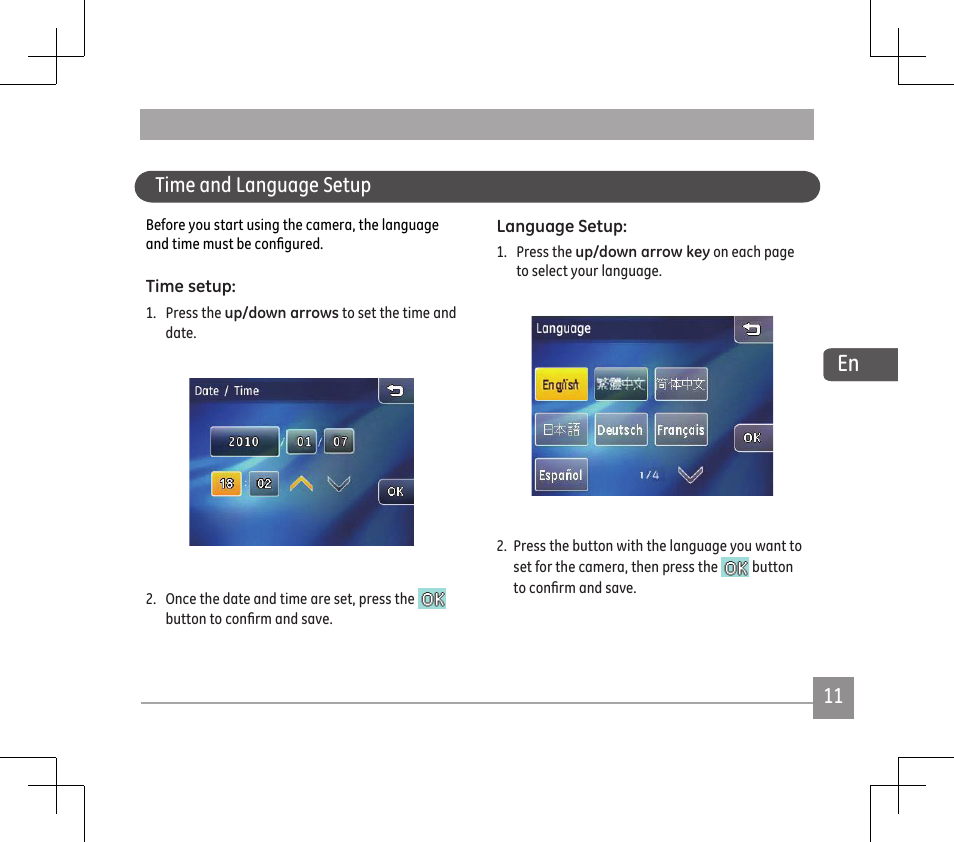 Time and language setup | GE E1486TW User Manual | Page 13 / 124