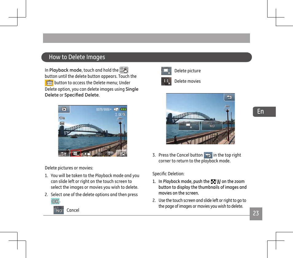 How to delete images | GE E1486TW User Manual | Page 25 / 124