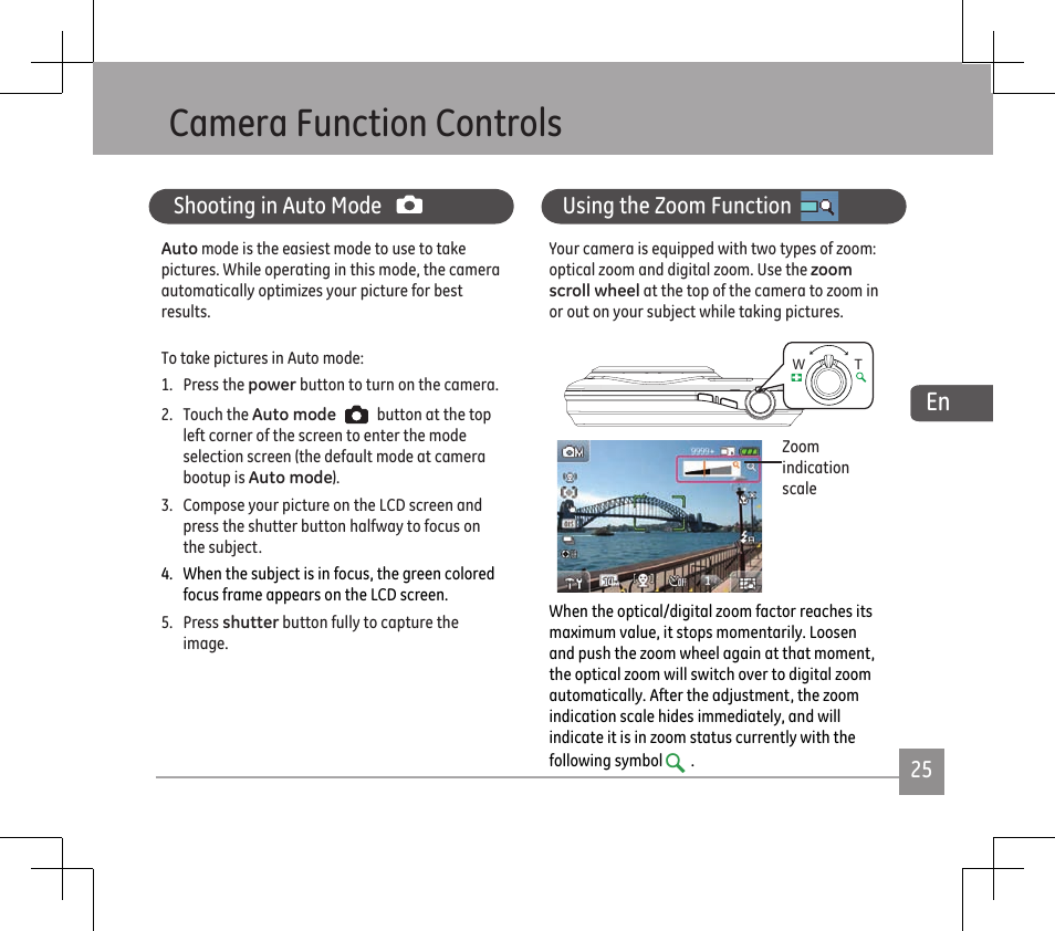 Camera functon controls, Shootng n auto mode, Usng the zoom functon | GE E1486TW User Manual | Page 27 / 124