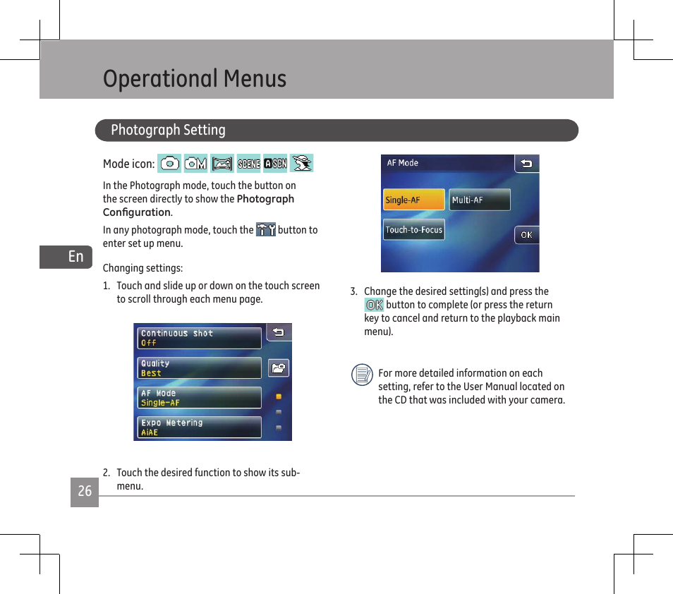Operatonal menus | GE E1486TW User Manual | Page 28 / 124