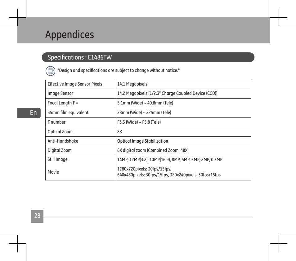Appendces, Specifications : e1486tw | GE E1486TW User Manual | Page 30 / 124