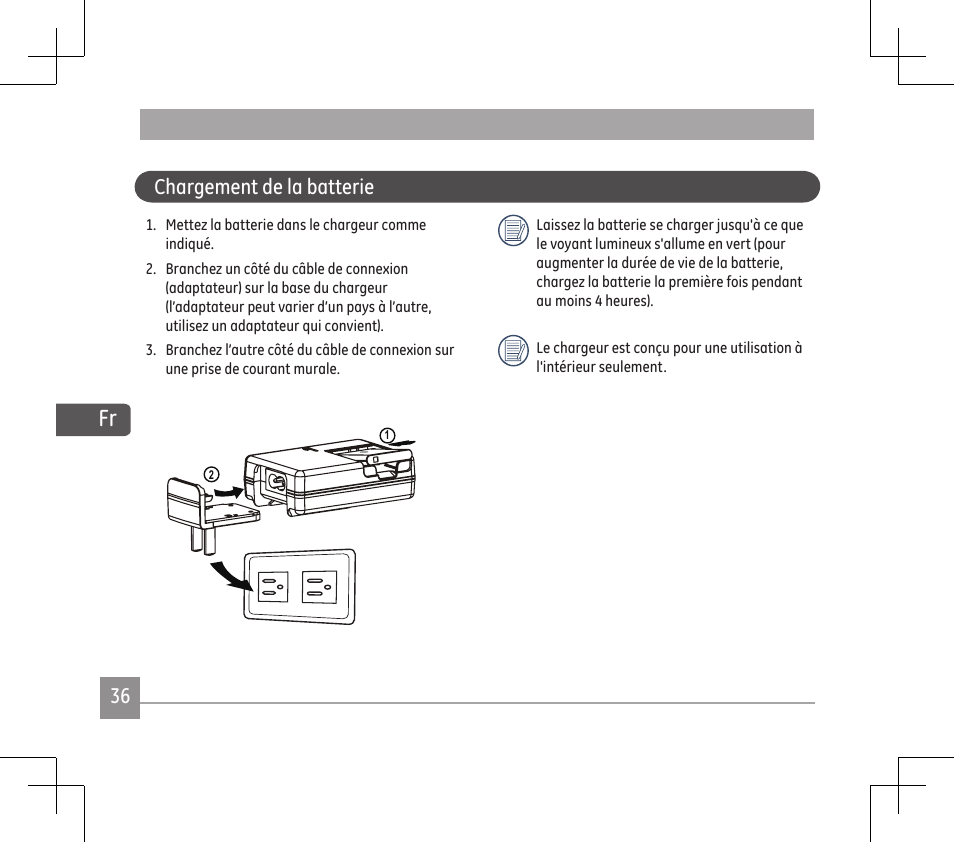 Chargement de la batterie | GE E1486TW User Manual | Page 38 / 124