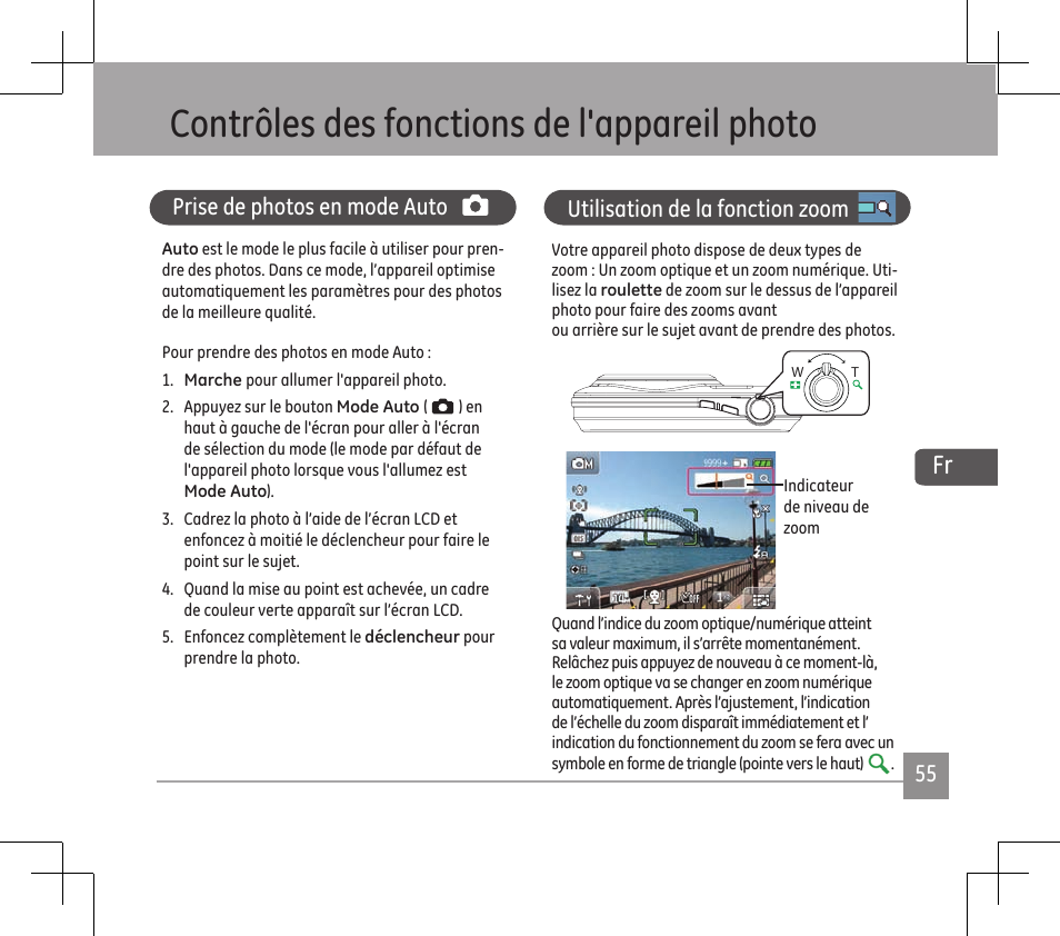 Contrôles des fonctions de l'appareil photo, Prise de photos en mode auto, Utilisation de la fonction zoom | GE E1486TW User Manual | Page 57 / 124