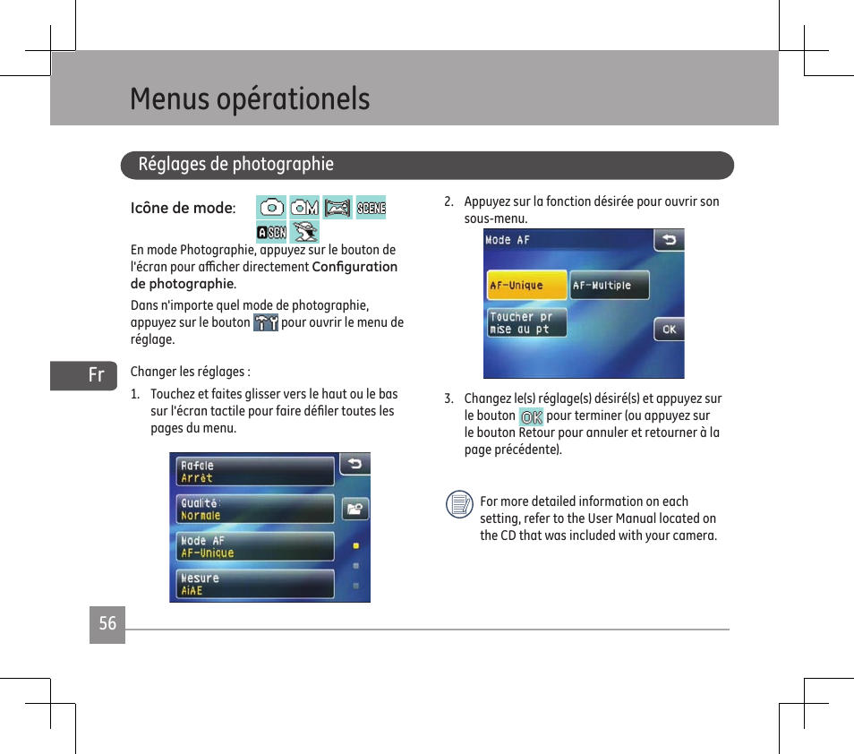 Menus opérationels | GE E1486TW User Manual | Page 58 / 124
