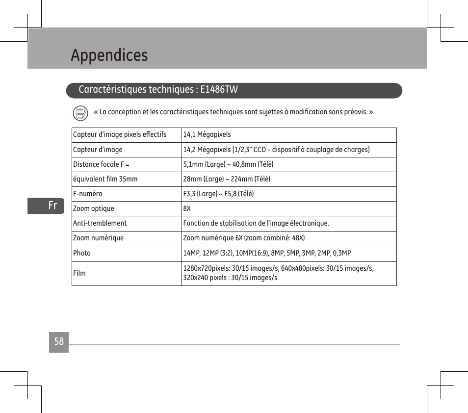 Appendices, Caractéristiques techniques : e1486tw | GE E1486TW User Manual | Page 60 / 124