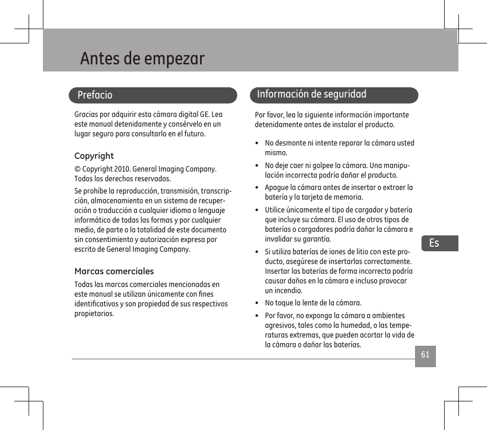 Antes de empezar, Prefaco, Informacón de segurdad | GE E1486TW User Manual | Page 63 / 124