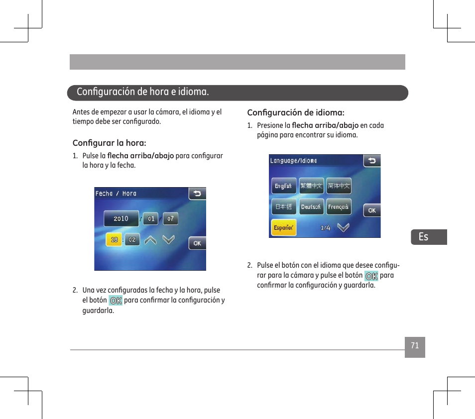 Configuración de hora e idioma | GE E1486TW User Manual | Page 73 / 124