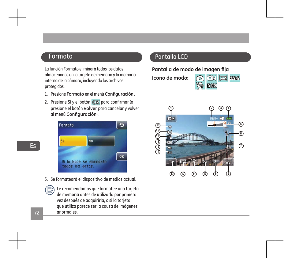 Formato, Pantalla lcd | GE E1486TW User Manual | Page 74 / 124