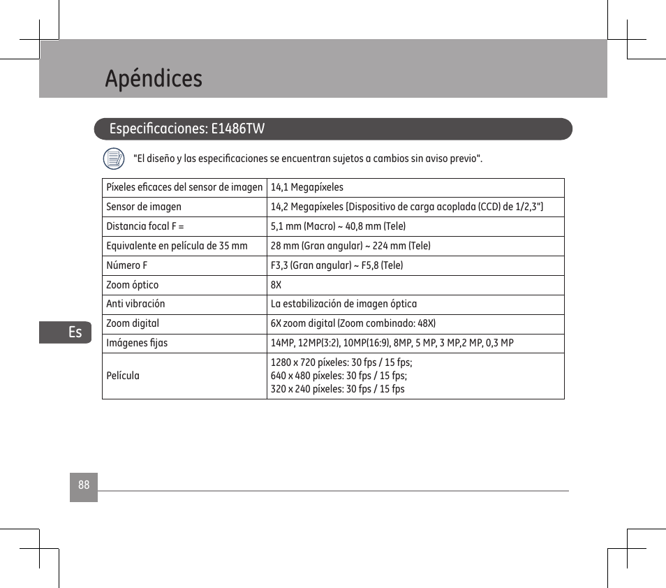 Apéndices, Especificaciones: e1486tw | GE E1486TW User Manual | Page 90 / 124