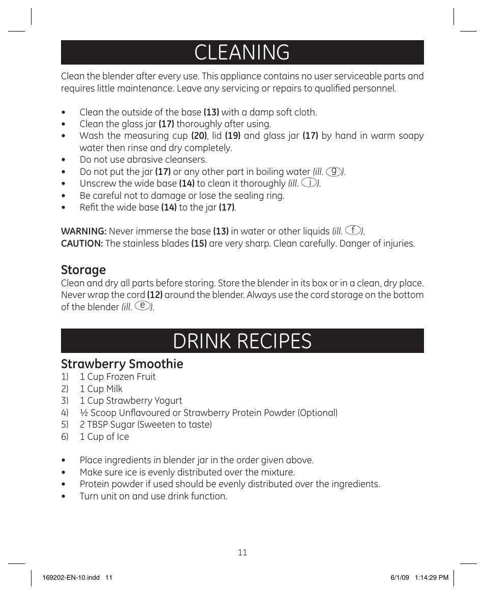 Cleaning, Drink recipes, Storage | Strawberry smoothie | GE 169202 User Manual | Page 11 / 21