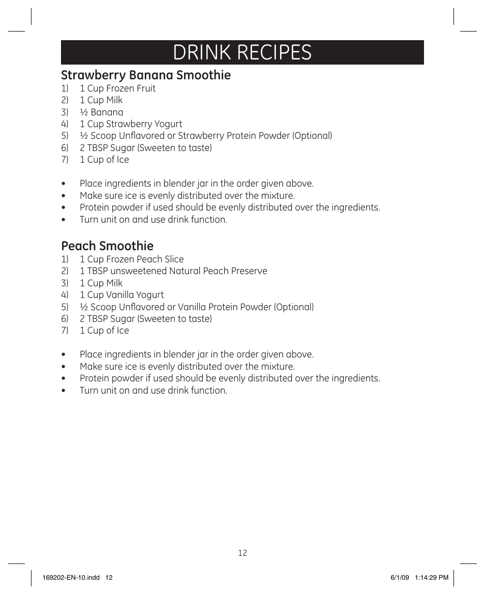 Drink recipes, Strawberry banana smoothie, Peach smoothie | GE 169202 User Manual | Page 12 / 21