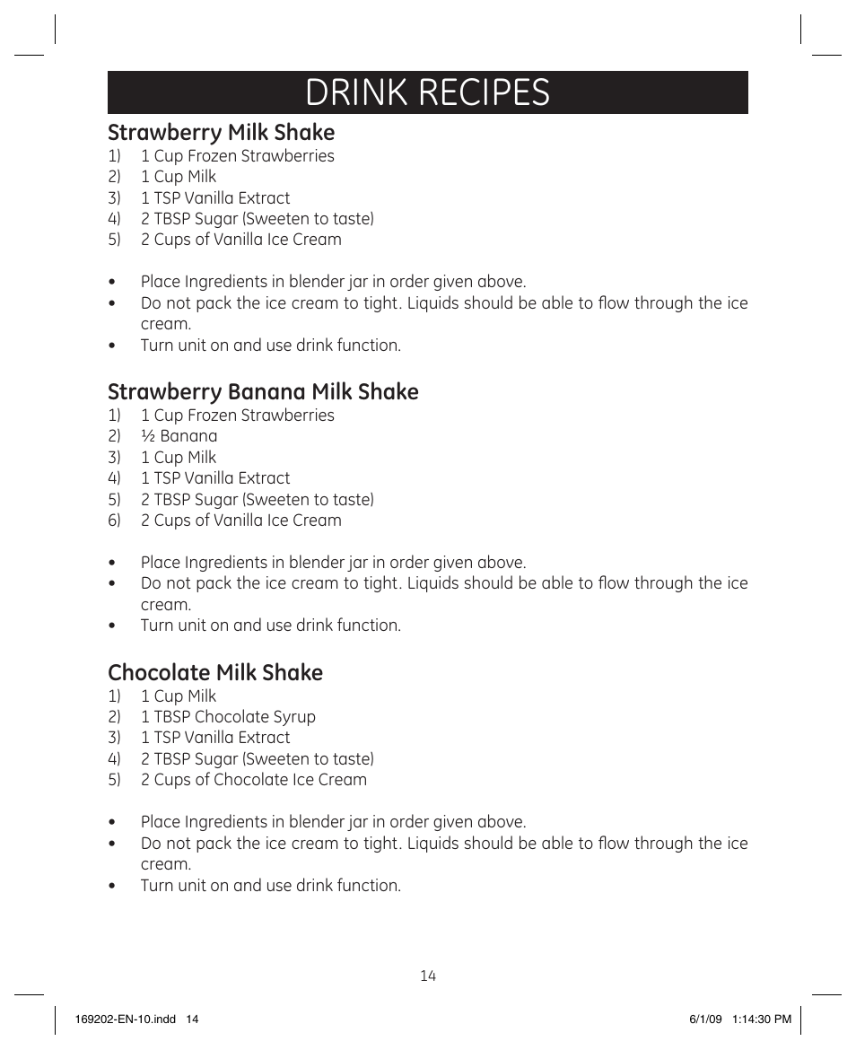 Drink recipes, Strawberry milk shake, Strawberry banana milk shake | Chocolate milk shake | GE 169202 User Manual | Page 14 / 21