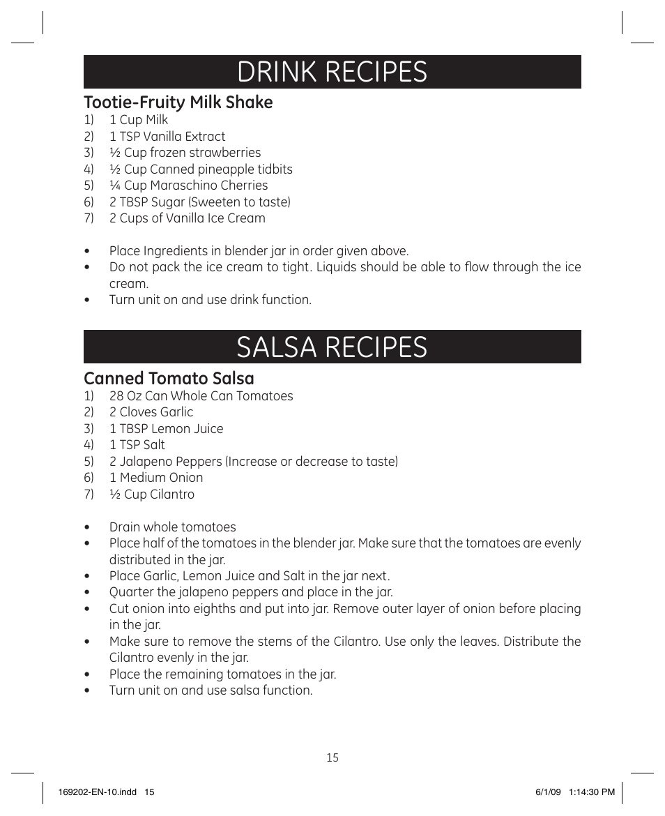 Drink recipes, Salsa recipes, Tootie-fruity milk shake | Canned tomato salsa | GE 169202 User Manual | Page 15 / 21