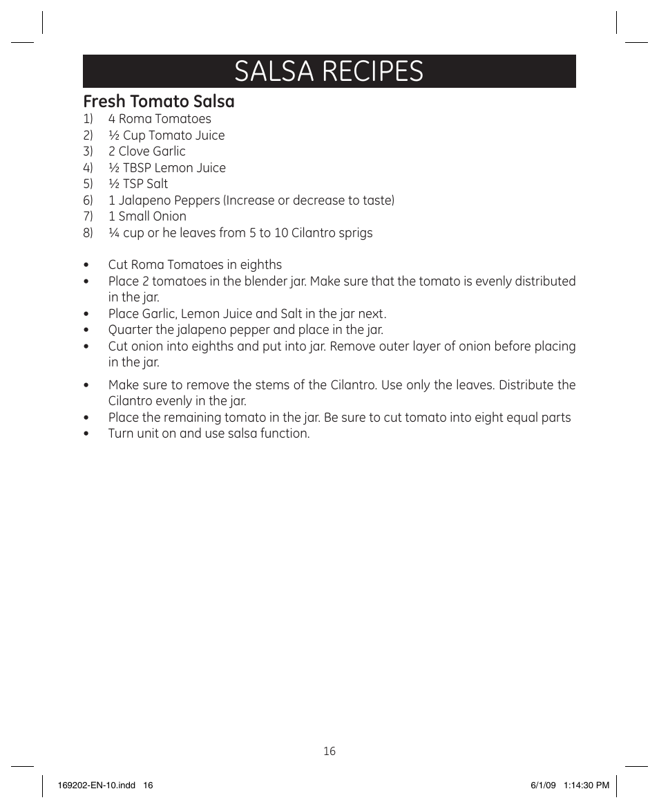 Salsa recipes, Fresh tomato salsa | GE 169202 User Manual | Page 16 / 21