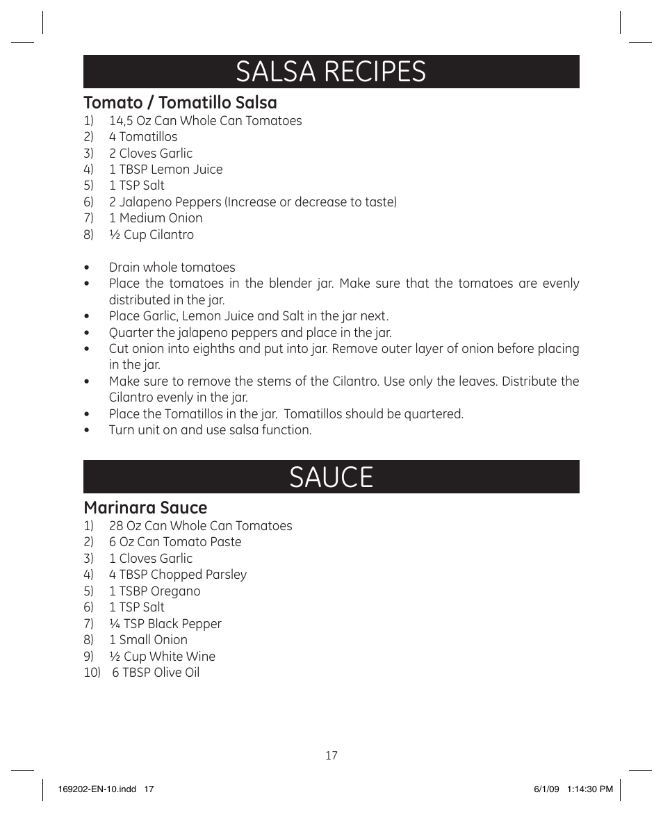 Salsa recipes, Sauce, Tomato / tomatillo salsa | Marinara sauce | GE 169202 User Manual | Page 17 / 21