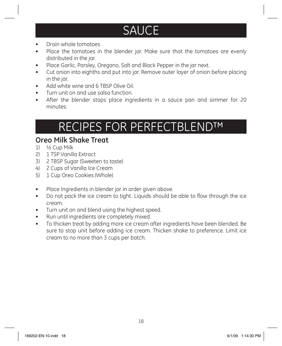 Sauce, Recipes for perfectblend, Oreo milk shake treat | GE 169202 User Manual | Page 18 / 21