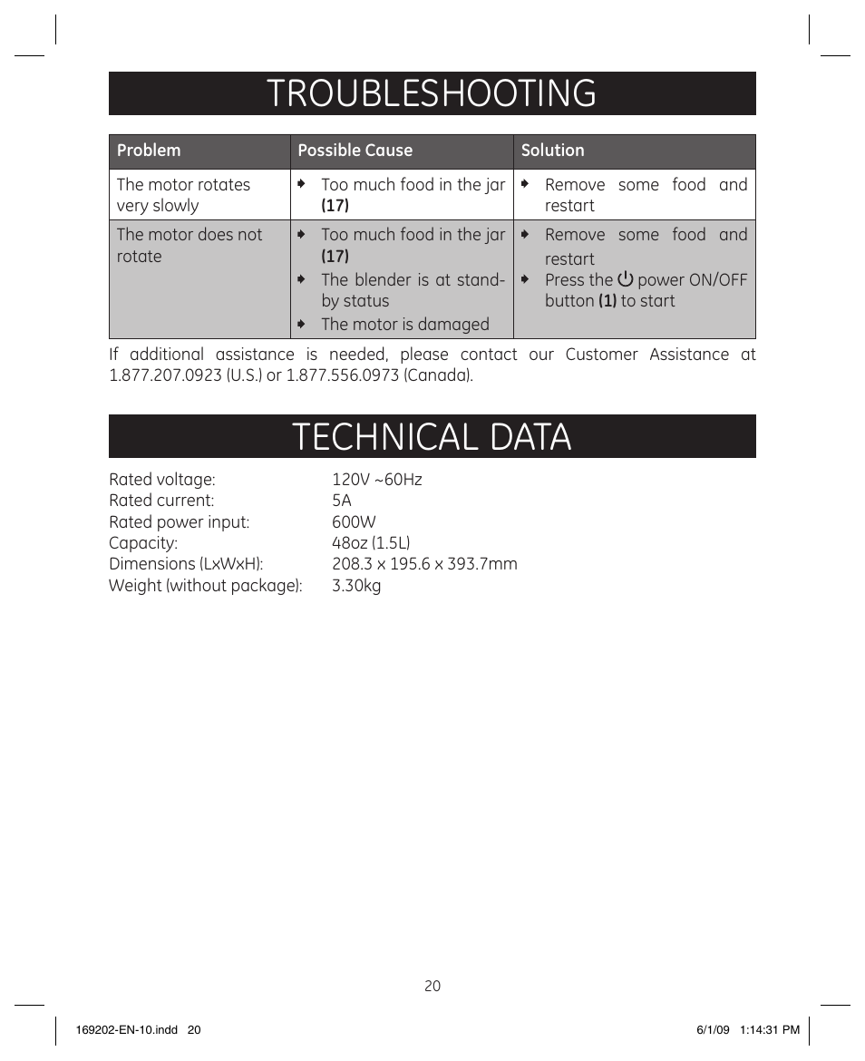 Troubleshooting, Technical data | GE 169202 User Manual | Page 20 / 21