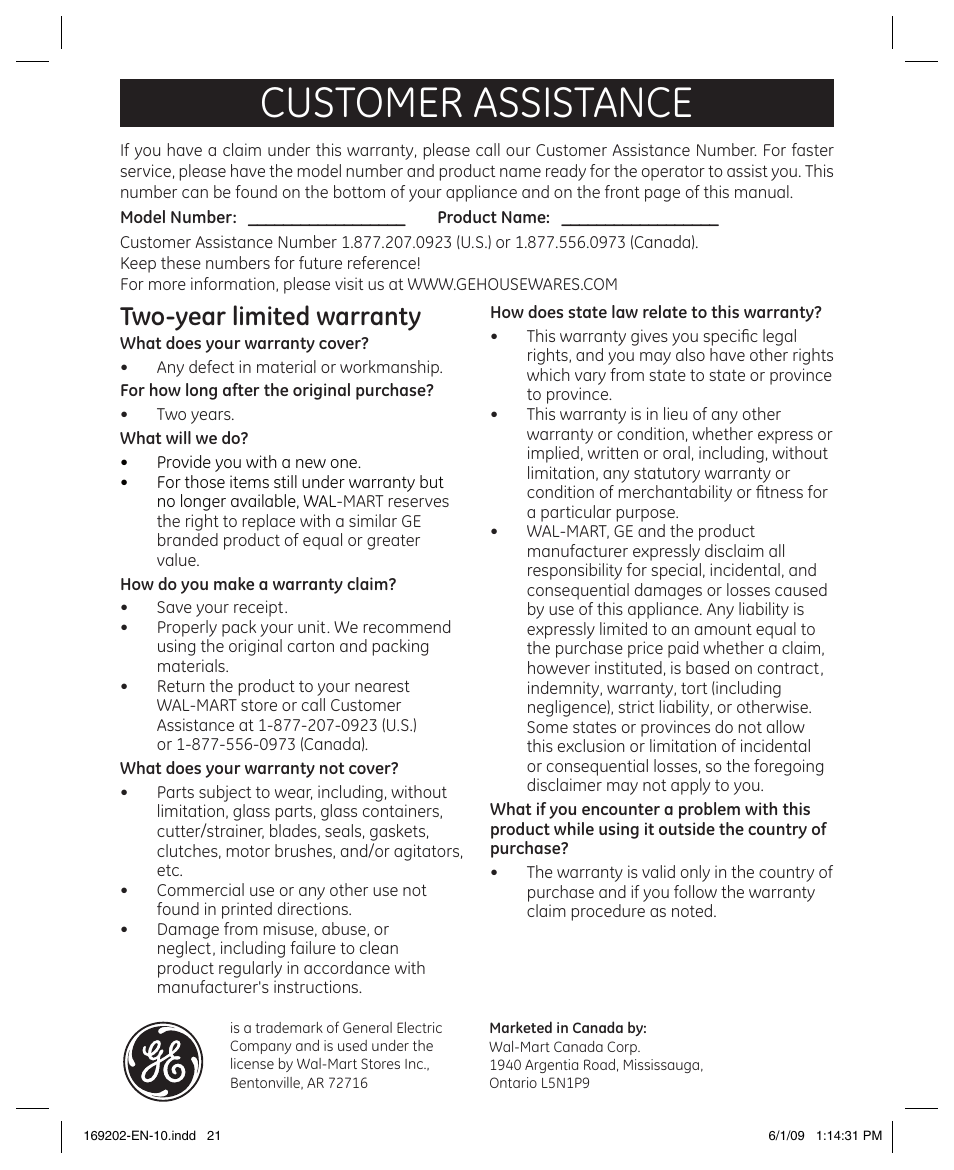 Customer assistance, Two-year limited warranty | GE 169202 User Manual | Page 21 / 21